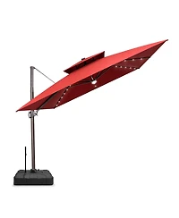 Pellebant Outdoor Patio 11x11Feet Aluminum Double Canopy Solar Lights Cantilever Umbrella with Rod Wheel Base