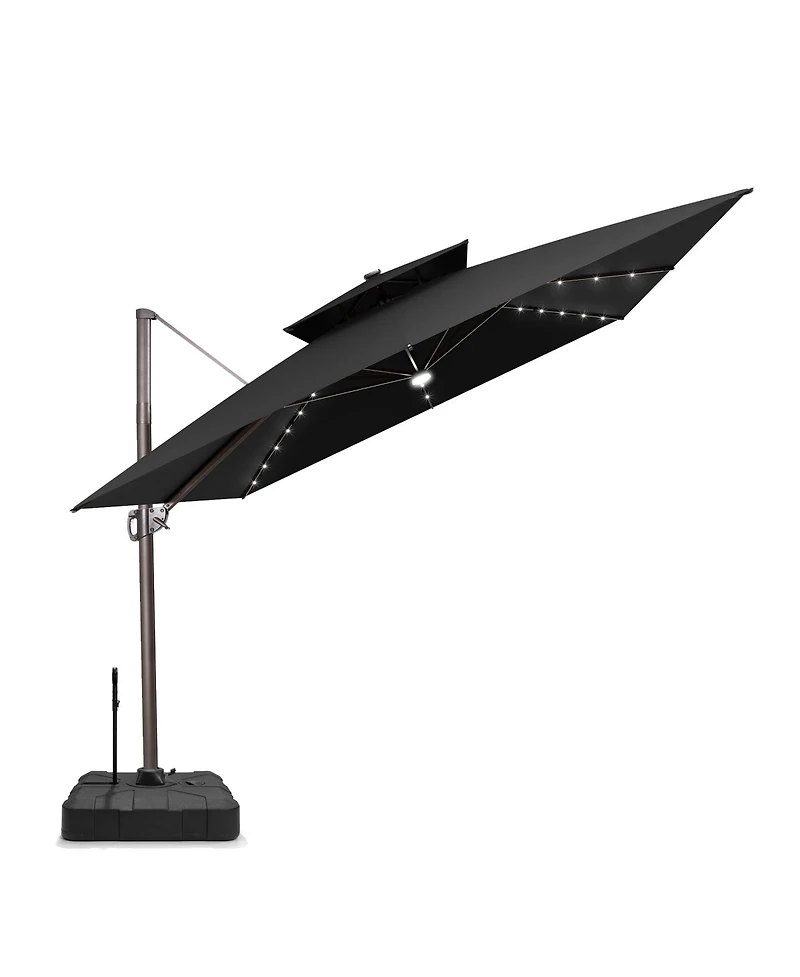 Pellebant Outdoor Patio 11x11Feet Aluminum Double Canopy Solar Lights Cantilever Umbrella with Rod Wheel Base