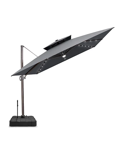 Pellebant Outdoor Patio 11x11Feet Aluminum Double Canopy Solar Lights Cantilever Umbrella with Rod Wheel Base