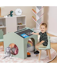 Gouun 3-Piece Kids Table and Chair Set Chalkboard Top House Design