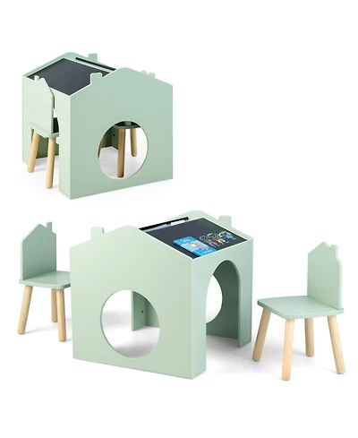 Gouun 3-Piece Kids Table and Chair Set Chalkboard Top House Design