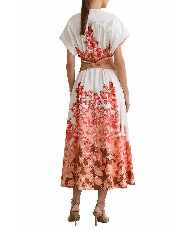 Reiss Women's Cotton Floral Belted with Stretch Midi Dress