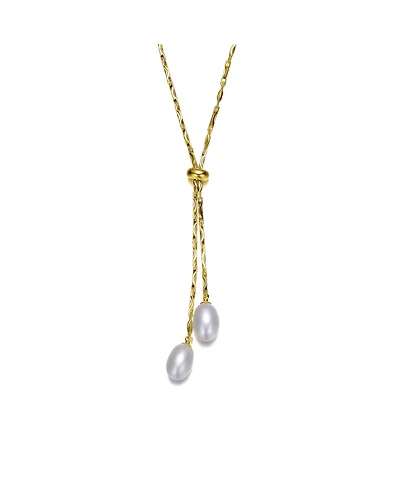 14K Gold Plated Pearl and Cubic Zirconia Y Neck Necklace