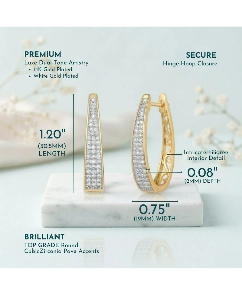 14K Gold Plated Cubic Zirconia Pave Oblong Oval Hoop Earrings