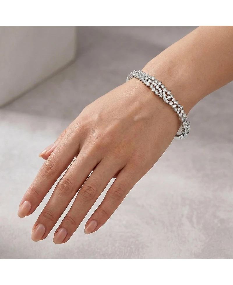 Sterling Silver with Rhodium Plated Clear Round Cubic Zirconia Cluster Style Bangle Bracelet