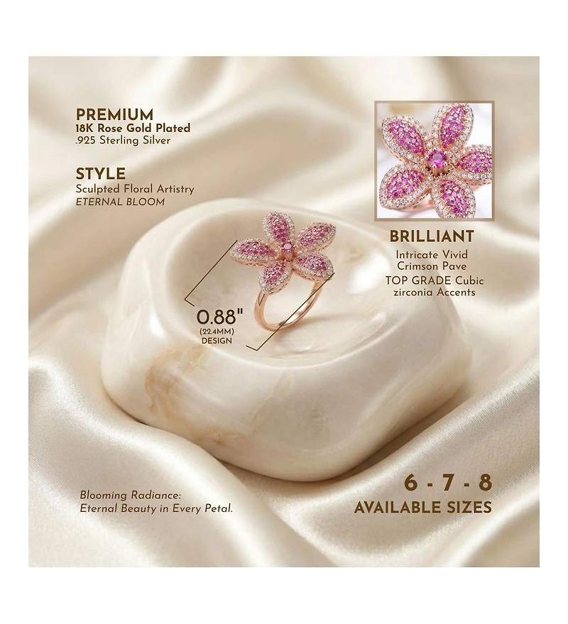 Sterling Silver 18K Rose Plated Clear and Red Cubic Zirconia Flower Coctail Ring