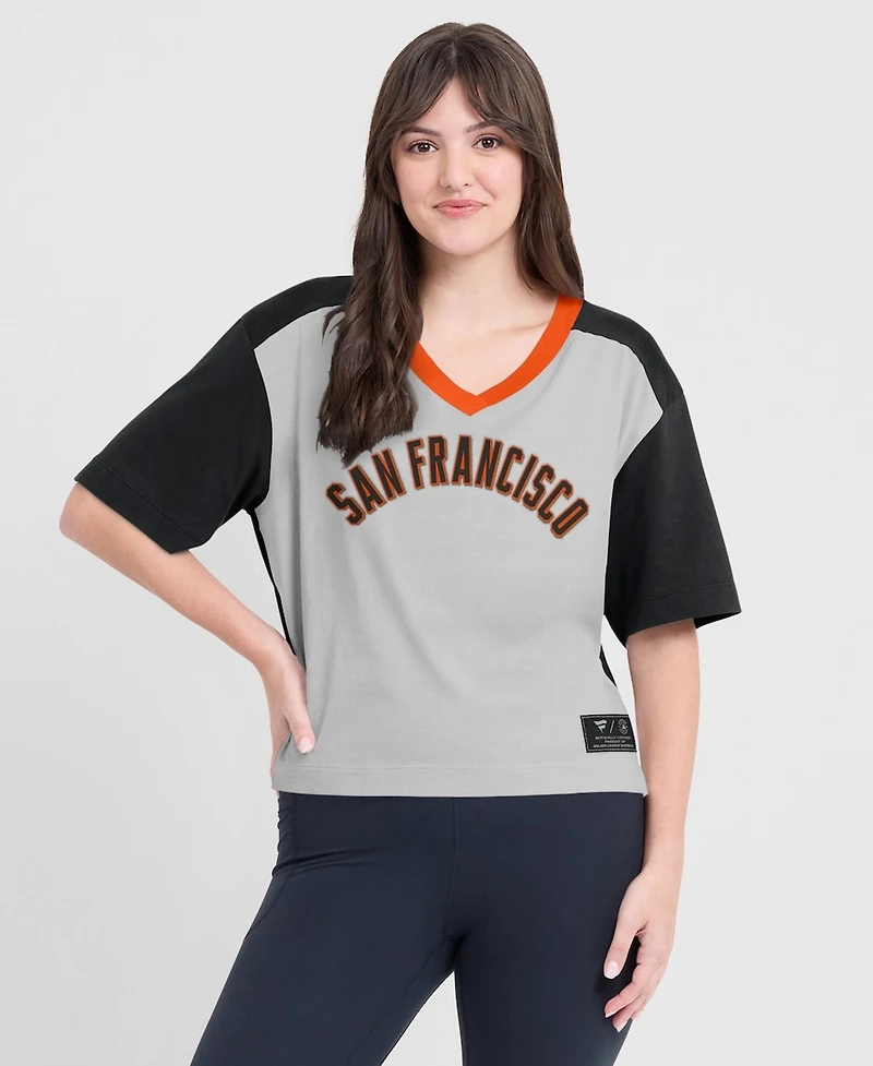 Fanatics Women's Black/Graphite San Francisco Giants Oversized Race To Win V-Neck T-Shirt