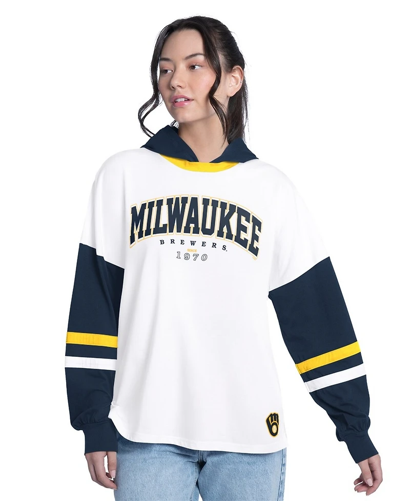 G-iii 4Her by Carl Banks Women's White/Navy Milwaukee Brewers Key Player Oversized Hooded Long Sleeve T-Shirt