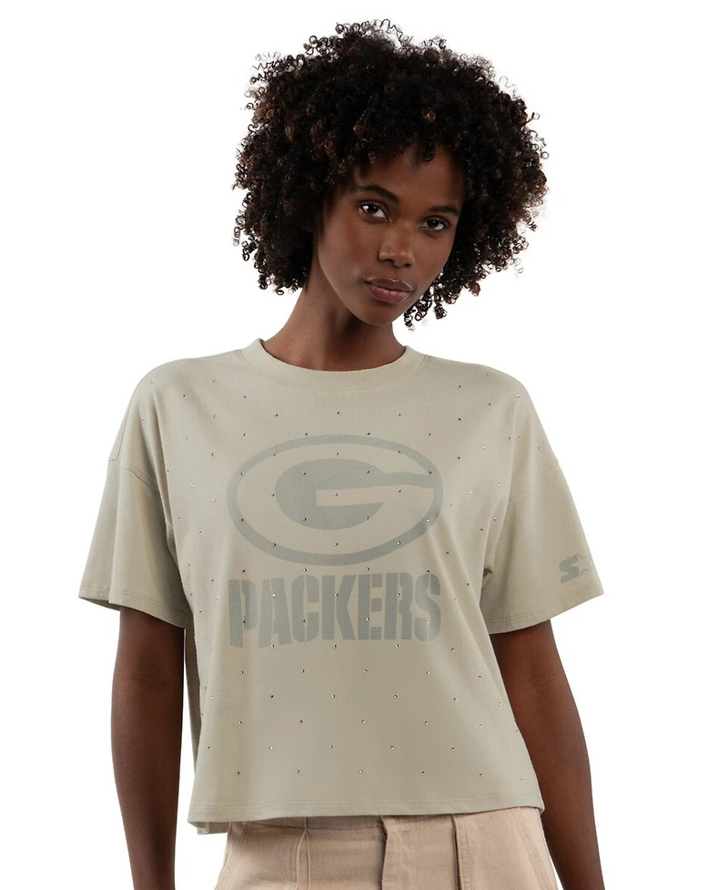 Starter Women's Khaki Green Bay Packers Rhinestone Sprinkle Boxy Cropped T-Shirt