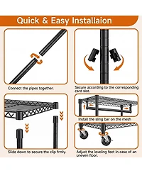 Rainsken Heavy Duty Rolling Garment Rack 3 Tiers, with 2 Rods and Side Hooks, Adjustable Wire Shelving Clothes Rack, Storage Closet Clothing