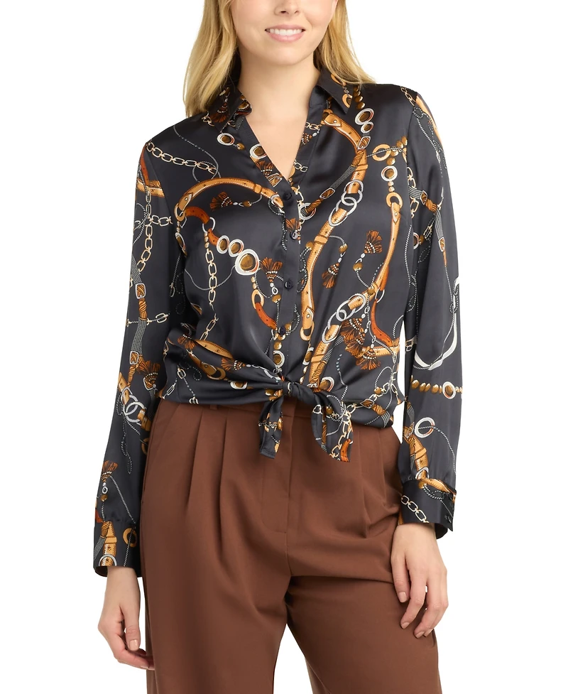 Bcx Women's Collared Printed Satin Top