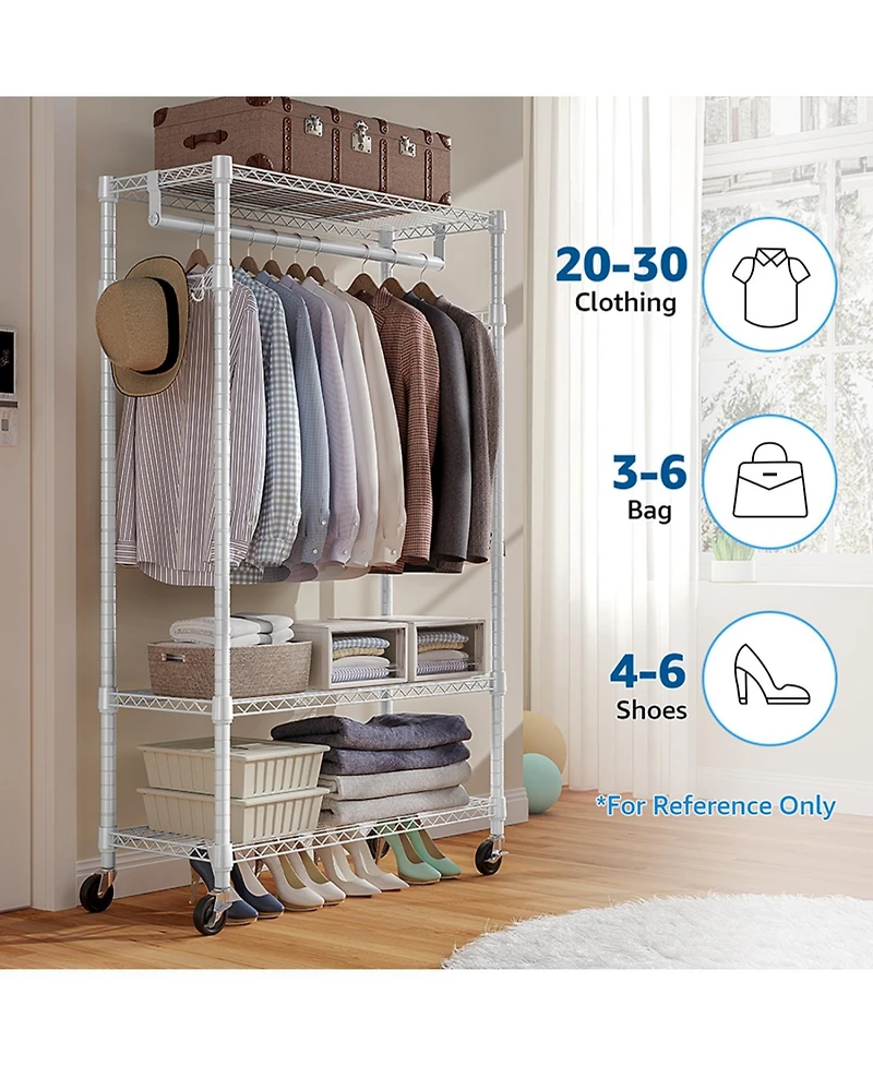 Rainsken Rolling Garment Rack 3 Tiers, , with Rods and Side Hooks, Adjustable Wire Shelving Clothes Rack, Heavy Duty Metal Clothing Racks