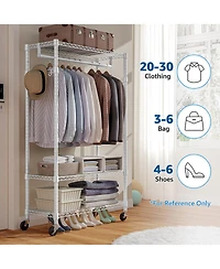 Rainsken Rolling Garment Rack 3 Tiers, , with Rods and Side Hooks, Adjustable Wire Shelving Clothes Rack, Heavy Duty Metal Clothing Racks