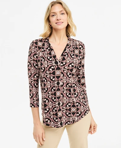 Jm Collection Women's Printed 3/4 Sleeve V-Neck Knit Top, Macy's Exclusive