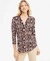 Jm Collection Women's Printed 3/4 Sleeve V-Neck Knit Top, Macy's Exclusive