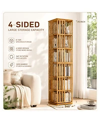 Rainsken 6 Tier Bamboo Rotating Bookshelf Tower, 360degree(s) Display Spinning Bookcase, Wood Narrow Book Shelf Organizer, for KidsandAdults