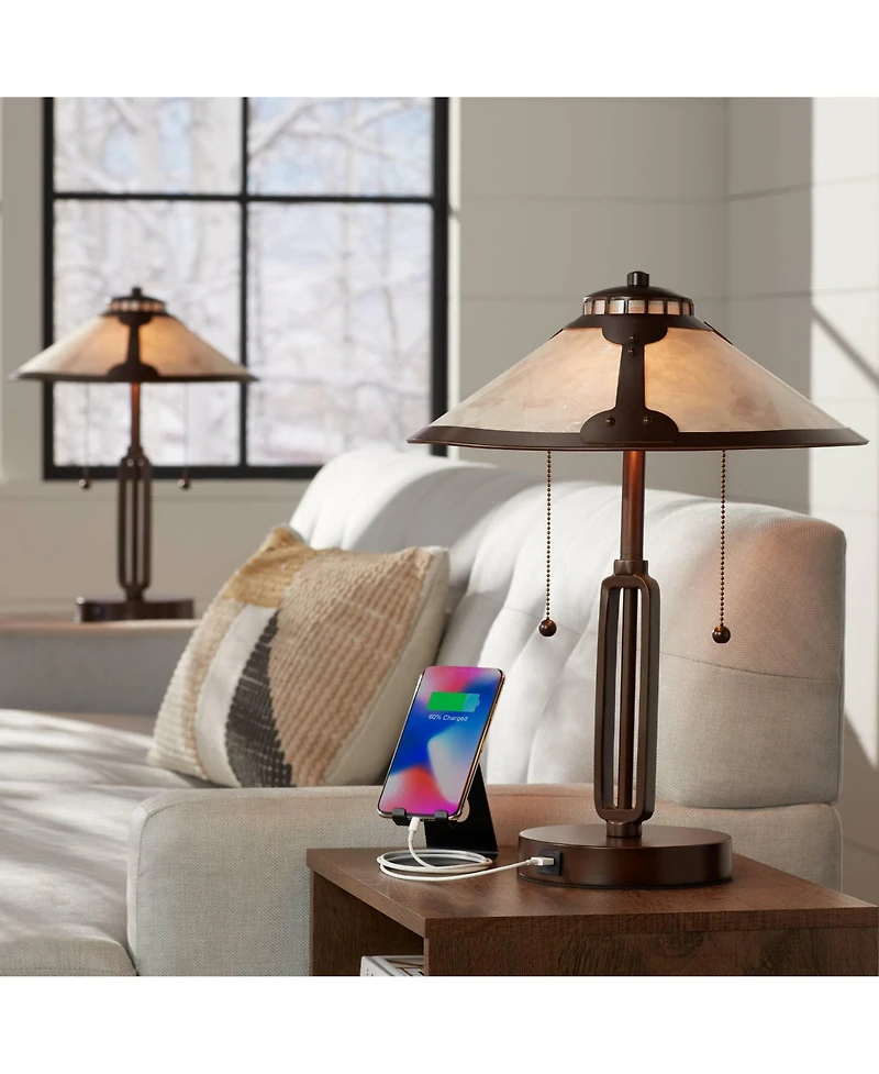 Franklin Iron Works Samuel 20" Tall Mission Desk Table Lamps with Usb Charging Port, Set of 2