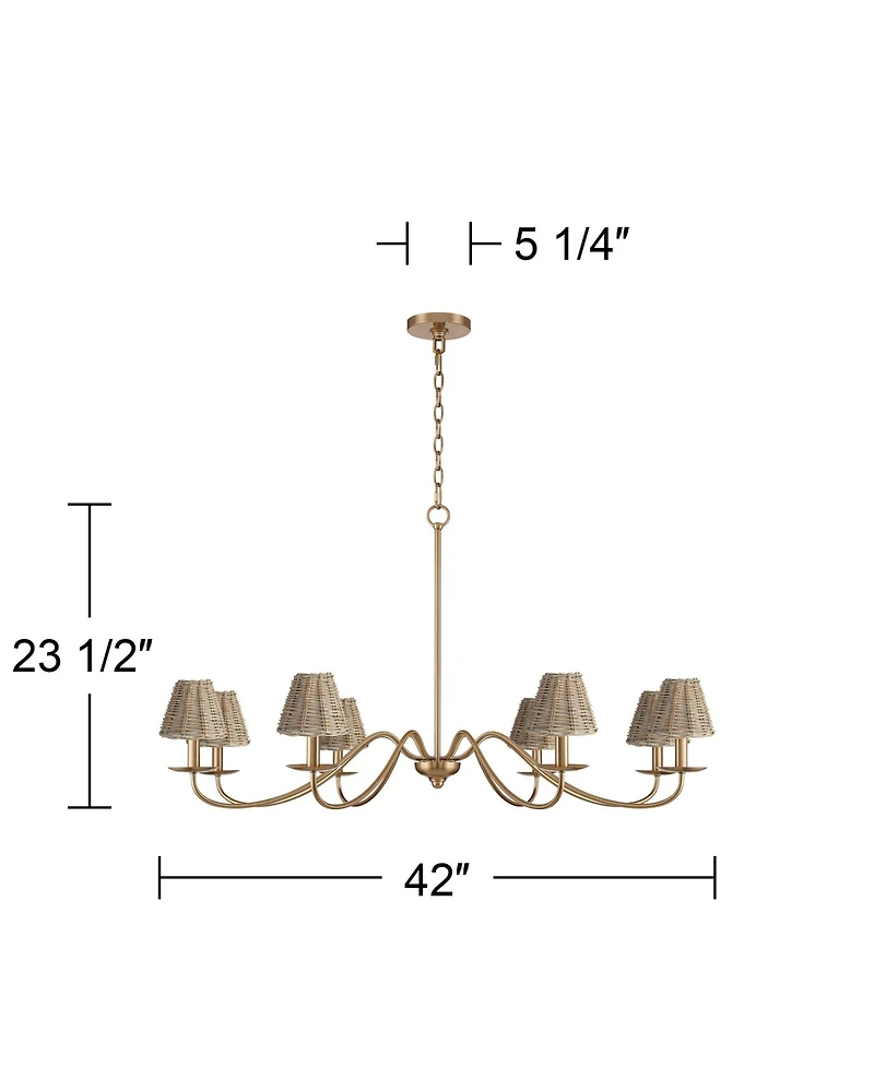 Franklin Iron Works Marinec 42inch Wide Soft Gold 8-Light Chandelier with Wicker Shades