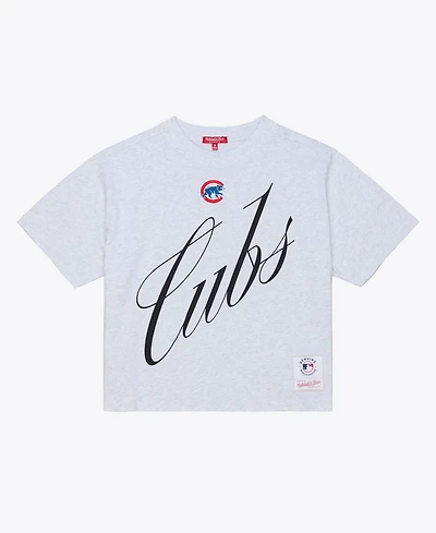 Mitchell & Ness Women's Heather Gray Chicago Cubs Script Cropped Boxy T-Shirt