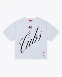 Mitchell & Ness Women's Heather Gray Chicago Cubs Script Cropped Boxy T-Shirt
