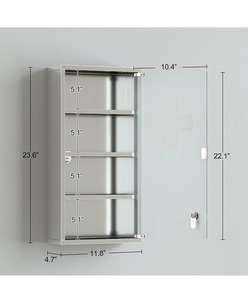 Busdays 12 x 24 Inch Lockable Medicine Cabinet 4 Tier Stainless Steel Medical Wall Box with 2 Keys and Shelves for Bathroom
