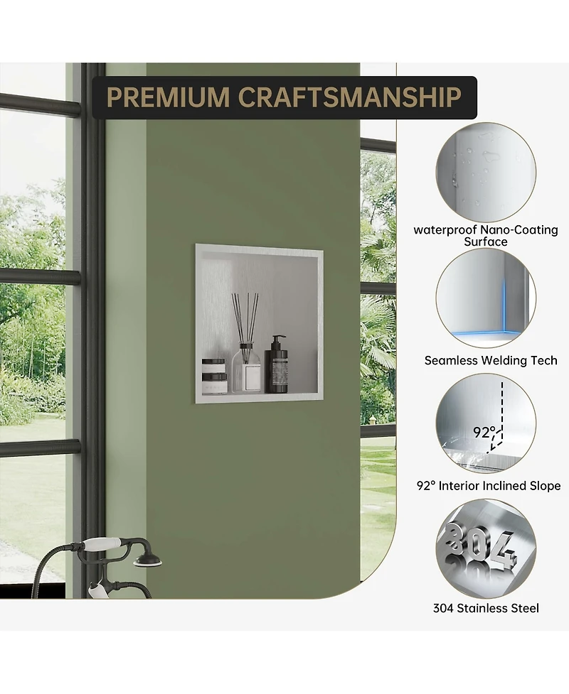 homfan 12 x 12 in Stainless Steel 304 Bathroom Niche, Recessed Shower Shelf Single Grid Built-in Wall Storage for Shower Bathroom Kitchen, Brushed