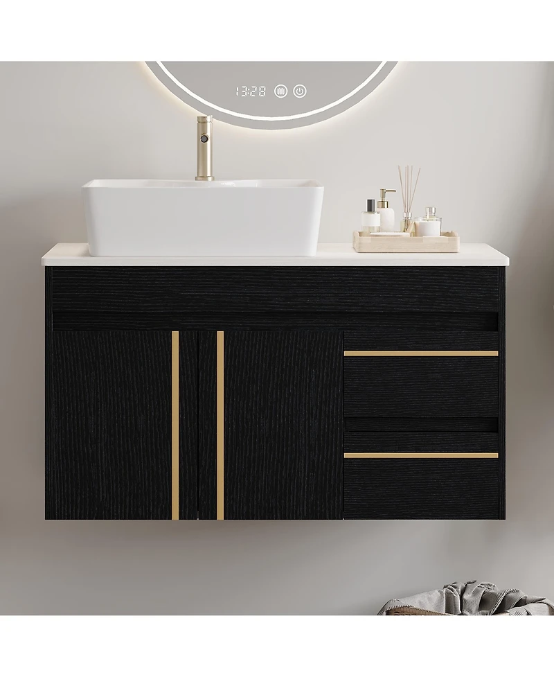 Busdays 36 Inch Wall Mounted Bathroom Vanity with Vessel Ceramic Sink and Plywood Countertop Soft Close Door Drawers Floating Design