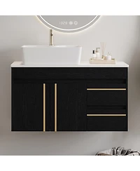 Busdays 36 Inch Wall Mounted Bathroom Vanity with Vessel Ceramic Sink and Plywood Countertop Soft Close Door Drawers Floating Design
