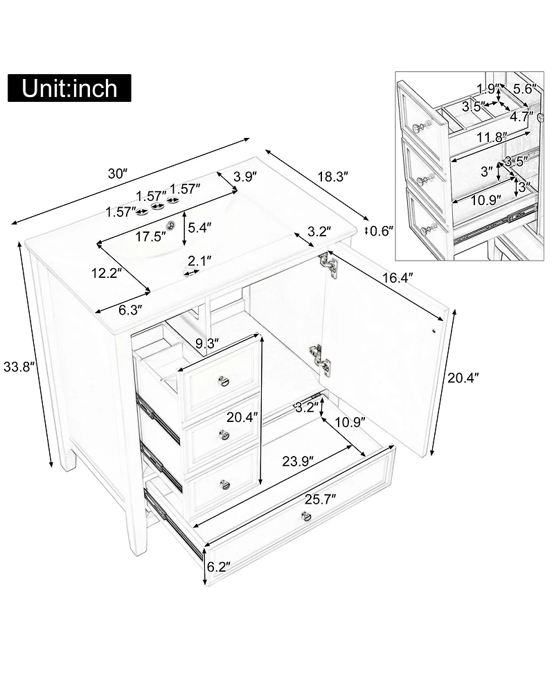 Busdays 30 Inch Bathroom Vanity with Sink One Cabinet and Three Drawers Solid Wood and Mdf Board