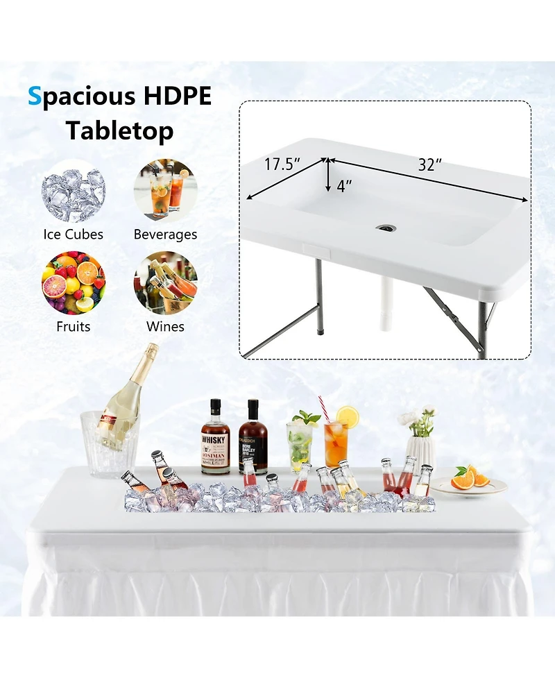 Sugift 4 feet Folding Ice Bin Table with Skirt and Ice Bucket