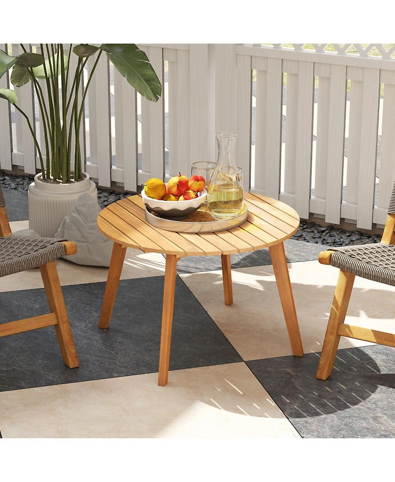 Sugift Round Outdoor Acacia Wood Side Table with Slatted Tabletop