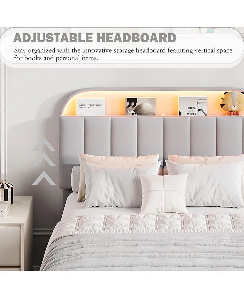 gaomon Bed Frame with Storage Headboard, Kids Bed Frame with 2 Drawers, Velvet Upholstered Platform Bed Frame with Lights