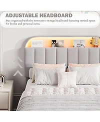 gaomon Bed Frame with Storage Headboard, Kids Bed Frame with 2 Drawers, Velvet Upholstered Platform Bed Frame with Lights