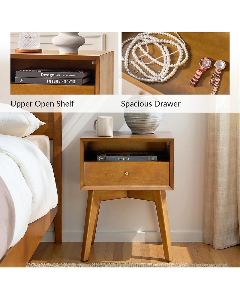Hulala Home Isolda 18"W Mid-Century Modern Solid Wood End Table with Built-In Outlets