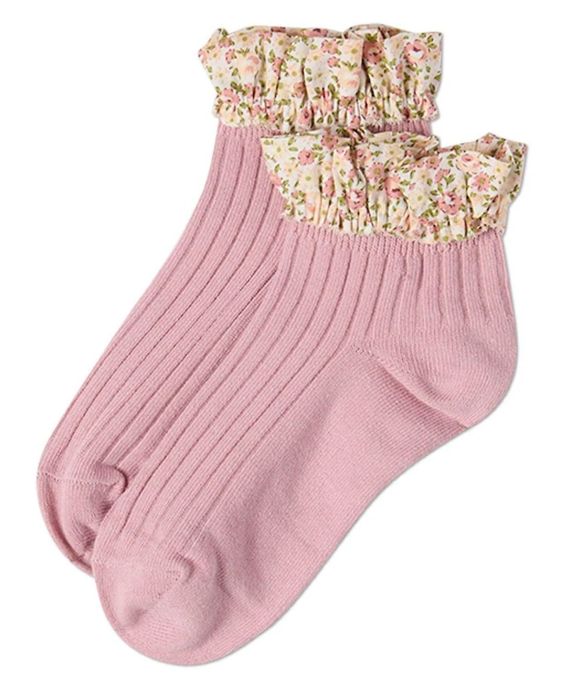 MeMoi Baby Girls 3 to 12 Months Ribbed Cotton-Rich Floral Ruffle-Trimmed Ankle Sock
