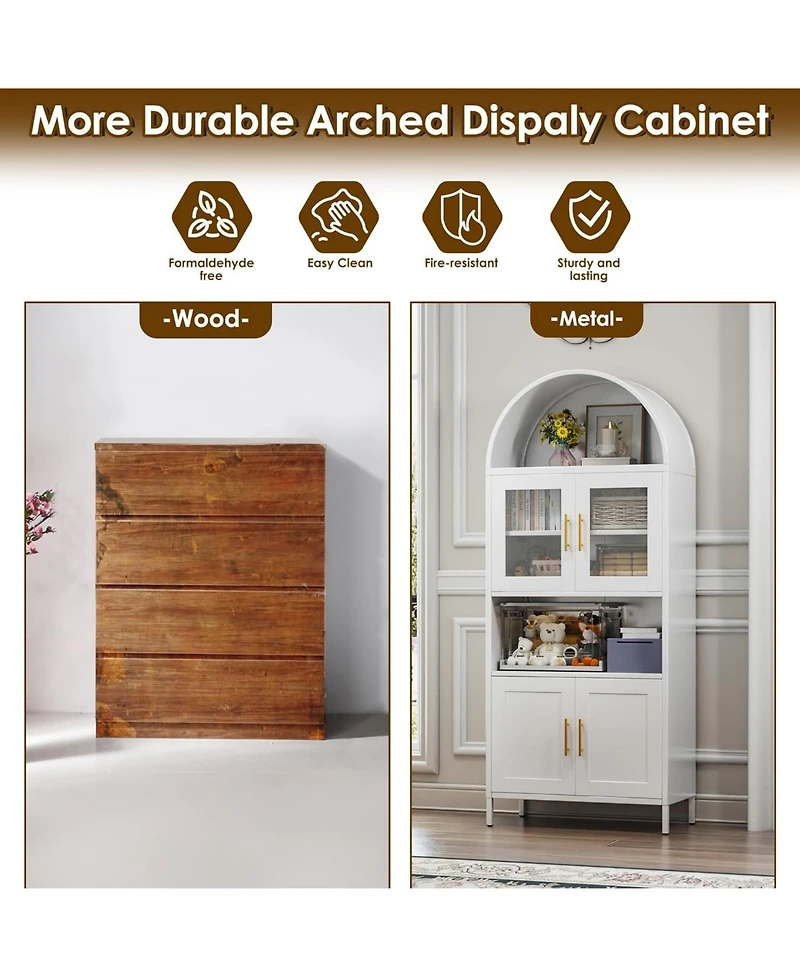 Boyel Living Farmhouse Arched Coffee Bar Cabinet, Metal Pantry Hutch with Glass Doors and Adjustable Shelves