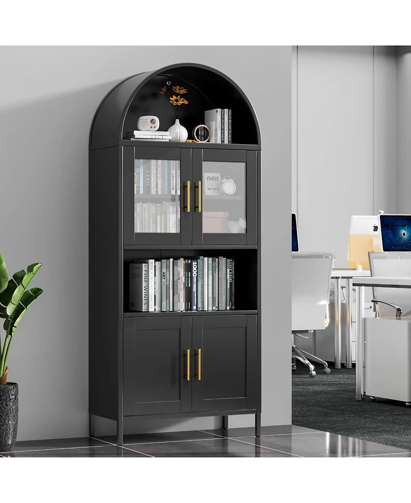 Boyel Living Farmhouse Arched Coffee Bar Cabinet, Metal Pantry Hutch with Glass Doors and Adjustable Shelves