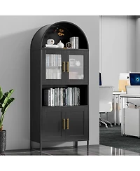Boyel Living Farmhouse Arched Coffee Bar Cabinet, Metal Pantry Hutch with Glass Doors and Adjustable Shelves