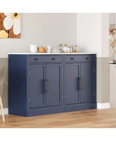 Boyel Living Set of 2 Modern Freestanding Kitchen Pantries, Buffet Storage Cabinets with Faux Marble Tops and Drawers for Dining Room