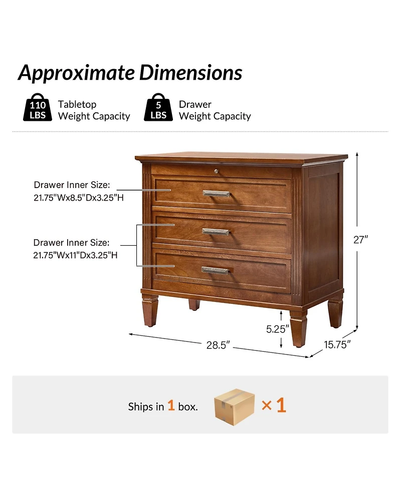 Hulala Home Launcelot Eliseo Transitional 3 Drawers End Table with Built-In Outlets Usb Type C
