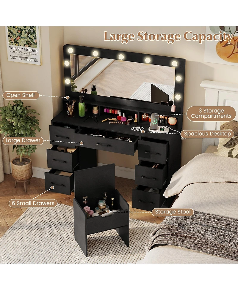 Slickblue Vanity Desk with Led Mirror, Lights, and Built-In Power Outlets for Makeup Use