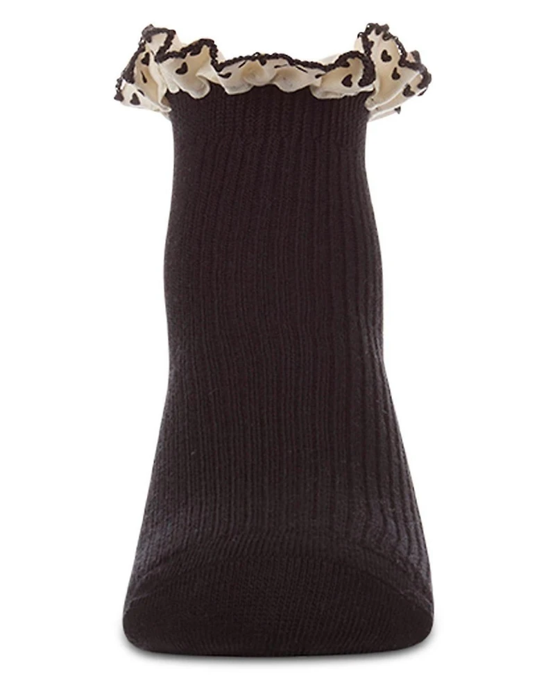 MeMoi Baby Girls Ribbed Cotton-Rich Ankle Sock with Heart-Print Lace-Trim Ruffle
