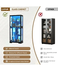 Vlsrka 71 Inch Tall Display Curio Cabinet with Glass Doors and 3 Color Lights