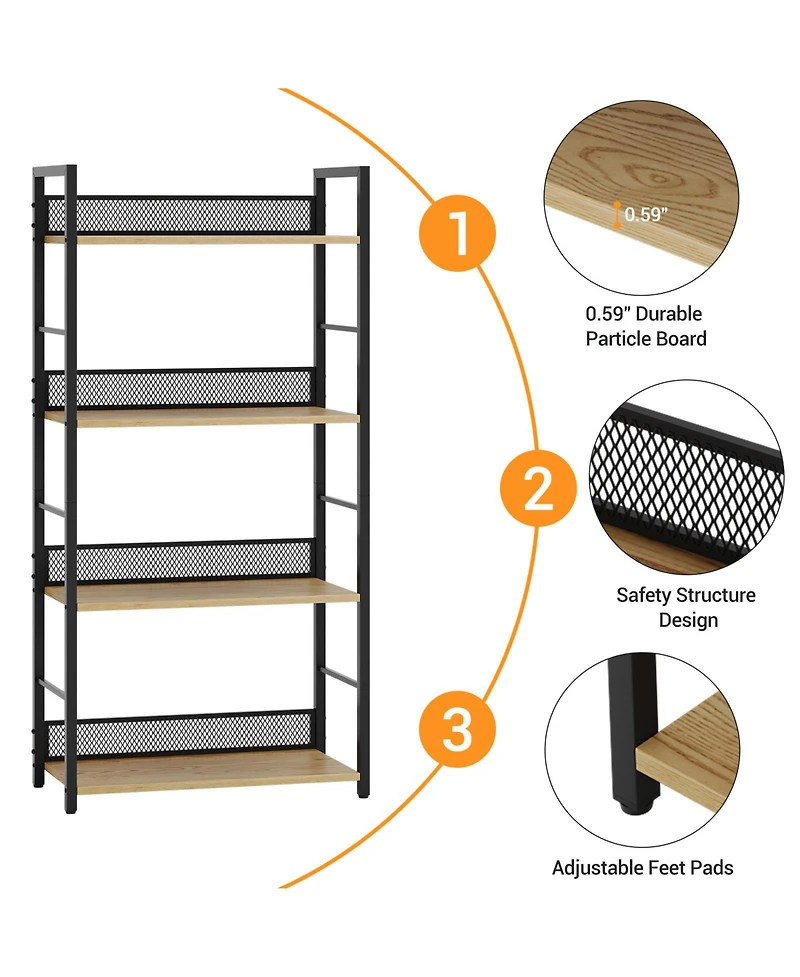 gaomon 4 Tier Bookshelf with Metal Frame and Wood Shelves, Tall Industrial Bookcase Storage Rack for Bedroom Living Room Home Office