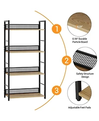 gaomon 4 Tier Bookshelf with Metal Frame and Wood Shelves, Tall Industrial Bookcase Storage Rack for Bedroom Living Room Home Office
