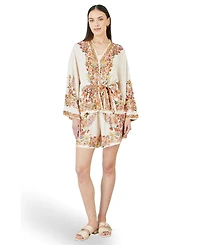 Yumi Women's Viscose Floral Border Belted Jacket