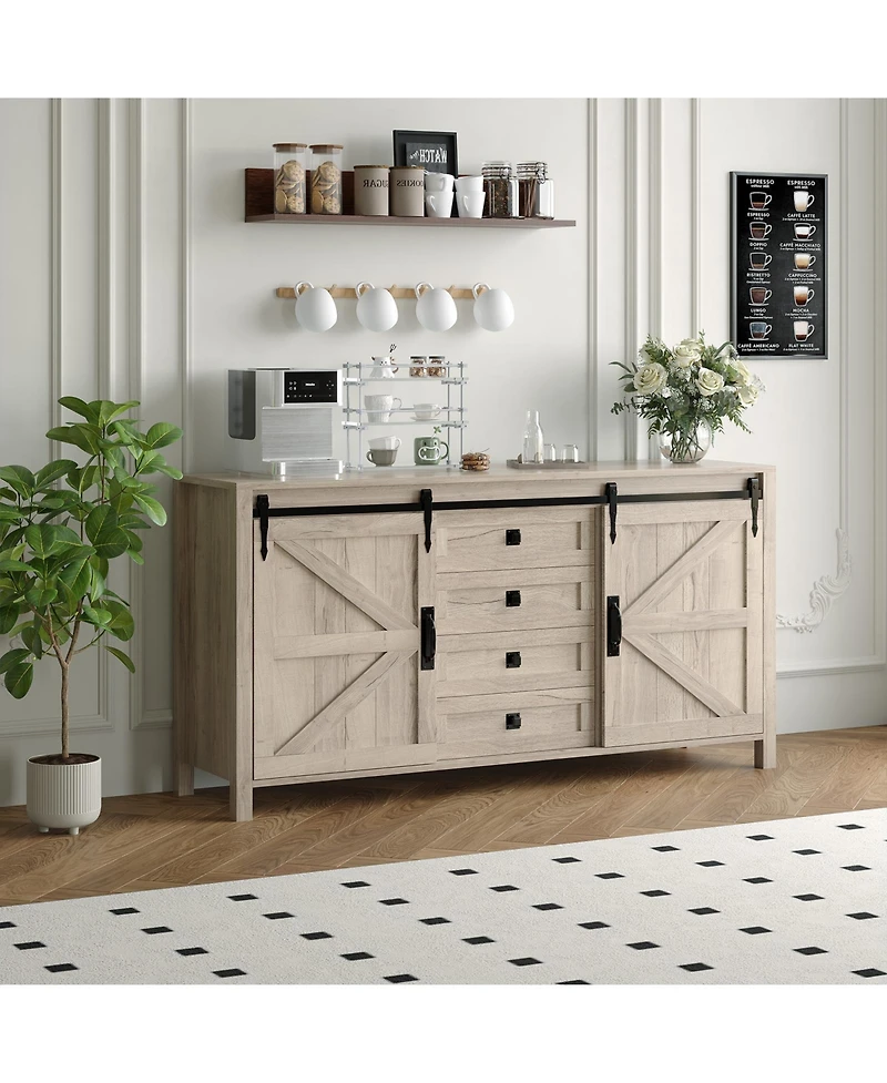 homfan 60 Inch Farmhouse Rustic Wood Sideboard Buffet with Sliding Barn Doors and 4 Drawers, Multi-use Coffee Bar Tv Console