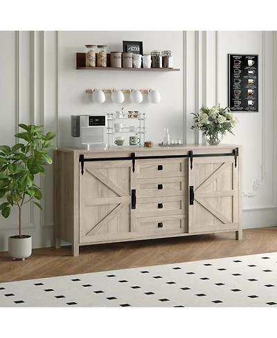homfan 60 Inch Farmhouse Rustic Wood Sideboard Buffet with Sliding Barn Doors and 4 Drawers, Multi-use Coffee Bar Tv Console