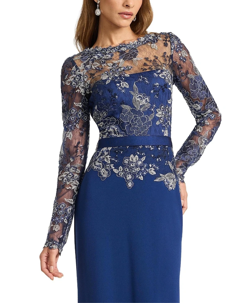 Tadashi Shoji Women's Beacon Belted Embroidered Illusion Gown