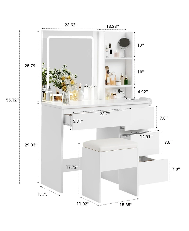 homfan Vanity Desk with Led Mirror, 4 Drawers, Power Outlet, Shelves and Storage Stool, Makeup Vanity Set for Bedroom